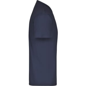 A navy blue T-shirt with short sleeves, featuring a logo on the side.