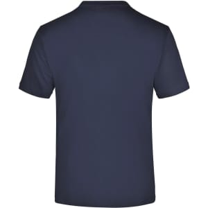 A navy blue short-sleeved T-shirt with a plain back and a logo.