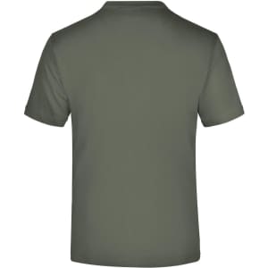 A plain olive green T-shirt with a round neck and short sleeves. The back is visible, featuring no text or designs.