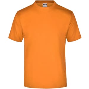 An orange T-shirt with a classic round neck and short sleeves, featuring a branding logo.