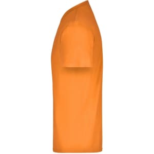An orange t-shirt displayed from the side, featuring a simple design and a small logo.