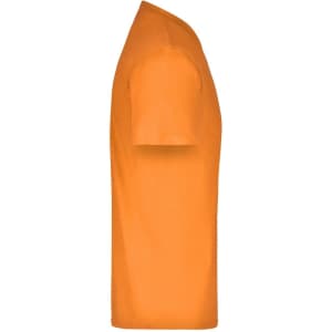 An orange T-shirt displayed from the side, featuring a simple design and a logo.