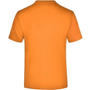An orange T-shirt with a round neckline and short sleeves, featuring a logo on the back.
