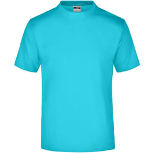A turquoise t-shirt displayed flat, featuring a round neckline and short sleeves. The shirt has a logo.