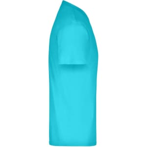 A turquoise t-shirt displayed from the side, featuring short sleeves and a round neckline. Includes a logo.