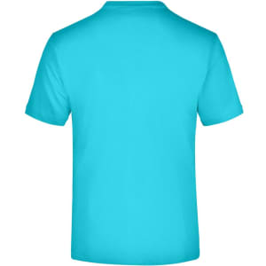 A plain turquoise t-shirt with a classic crew neck and short sleeves. The back view is displayed, featuring no graphics or logos.