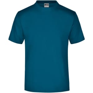 A teal t-shirt featuring a crew neck and short sleeves, with a small logo on the label.