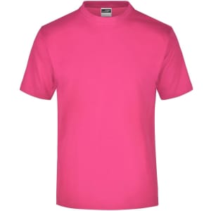 A pink t-shirt with a round neck and short sleeves, featuring a label inside.