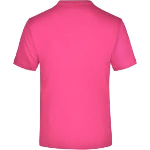 A pink t-shirt with a simple design and a logo on the back. It features short sleeves and a crew neck.