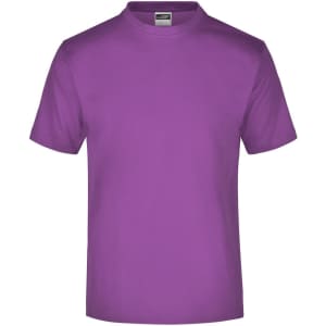 A purple t-shirt with a round neck and short sleeves, featuring a logo tag on the inside neck.