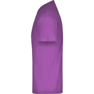 A purple T-shirt displayed from the side, featuring a simple design and a logo.