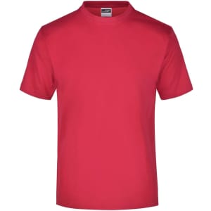 A red T-shirt with short sleeves and a round neck, featuring a logo on the label.