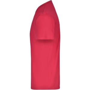 A side view of a red T-shirt, featuring short sleeves and a smooth fabric texture. The shirt has a logo.