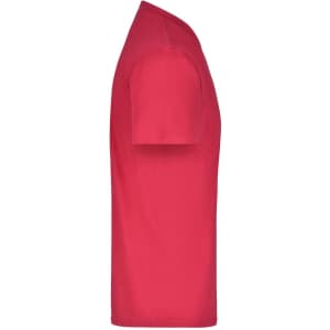 A red T-shirt with short sleeves, featuring a side view to showcase its fitted shape and design.