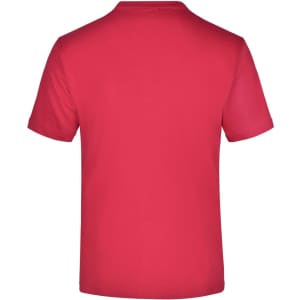 A red T-shirt featuring a plain back and short sleeves, with a branding label at the back neck.