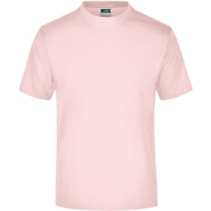 A light pink T-shirt with a round neck and short sleeves, featuring a logo on the label.
