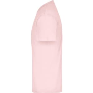 A light pink T-shirt displayed from the side, featuring a simple design and a logo on the fabric.