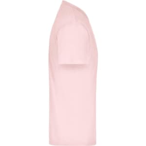 A pink T-shirt with short sleeves and a round neckline, featuring a logo on the front.