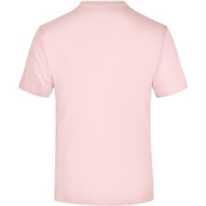 A pink short-sleeved T-shirt with a plain back and a branding logo on the neck area.