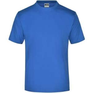 A blue round-neck T-shirt in a plain design, featuring a label inside and no visible logos.