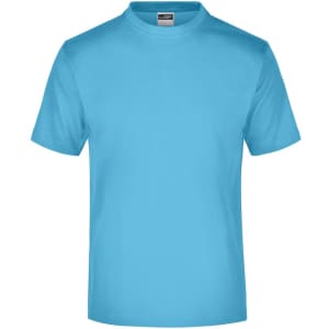 A light blue t-shirt featuring a round neck and short sleeves, with a brand logo on the label.