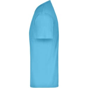 A light blue t-shirt in a side view, featuring short sleeves and a subtle logo.