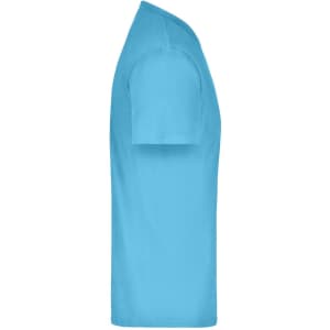 A blue t-shirt displayed from the side, featuring short sleeves and a simple design. It has a logo on the fabric.