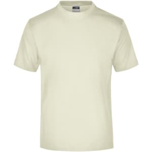 A plain cream T-shirt with a round neck and short sleeves, featuring a logo on the label.