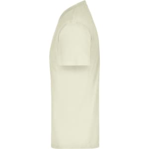 A cream-coloured T-shirt displayed from the side, featuring a simple design and a visible logo.