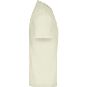 A light beige t-shirt, featuring short sleeves and a classic round neckline, displayed from the side.