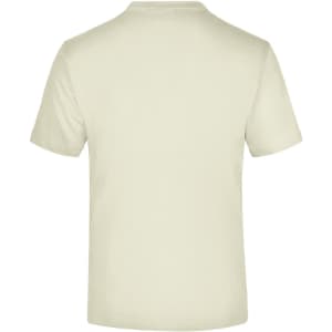 A plain light beige T-shirt with a round neck and short sleeves. The back view shows no additional design or logo.