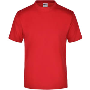 A red t-shirt with a standard crew neckline and short sleeves, featuring a logo on the inside label.