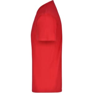 A red t-shirt displayed from the side, featuring a standard fit and short sleeves. It includes a logo.