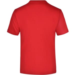 A red T-shirt with a plain back and short sleeves, featuring a logo.