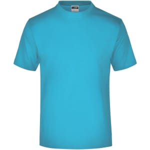A medium-sized t-shirt in a vibrant turquoise colour, featuring a simple design and a logo on the label.