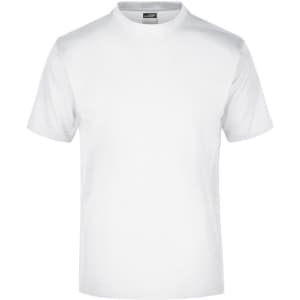 A plain white T-shirt with short sleeves and a round neck, featuring a branding logo on the label.