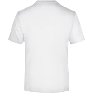 A plain white t-shirt, short-sleeved, with a simple back design and no visible logos.