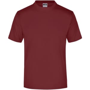 A round-neck, short-sleeved medium t-shirt in a deep burgundy colour, featuring a logo on the neck label.