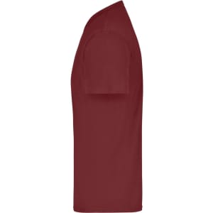 A red T-shirt displayed from the side, featuring short sleeves and no visible branding.
