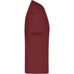 A burgundy T-shirt with short sleeves, featuring a logo or branding on the design.