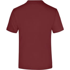 A burgundy T-shirt with a round neckline and short sleeves. The back view highlights its simple design and fit.