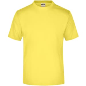 A yellow T-shirt with a round neck and short sleeves, featuring a label inside.