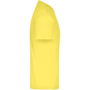 A yellow T-shirt in a side view, featuring a standard fit and short sleeves, with a visible logo.