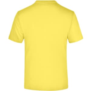 A yellow T-shirt with a round neck and short sleeves, featuring a logo on the back.