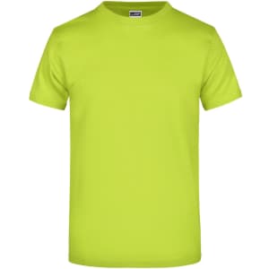 A bright lime green T-shirt with a crew neck and short sleeves. The shirt features a logo on the tag.