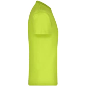 A side view of a bright yellow t-shirt, featuring a logo on the fabric.