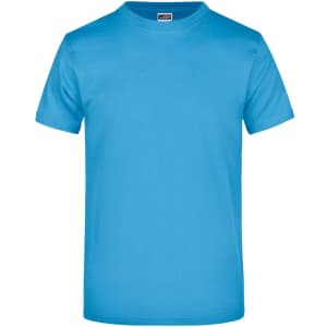 A blue t-shirt with a round neck and short sleeves. The shirt features a label and a logo on the inside.