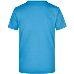 A bright blue T-shirt featuring a plain back design and a logo. Suitable for casual wear.