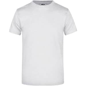 A plain, light grey t-shirt with short sleeves, featuring a branded label.