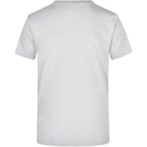 A grey T-shirt with a classic crew neck and short sleeves, featuring a branding logo on the back.